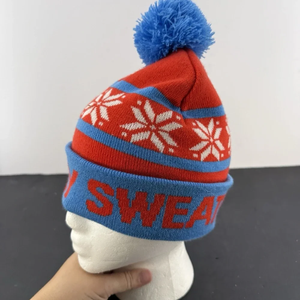 Ugly Sweater Run Beanie Red White Blue Pom Hat One Size